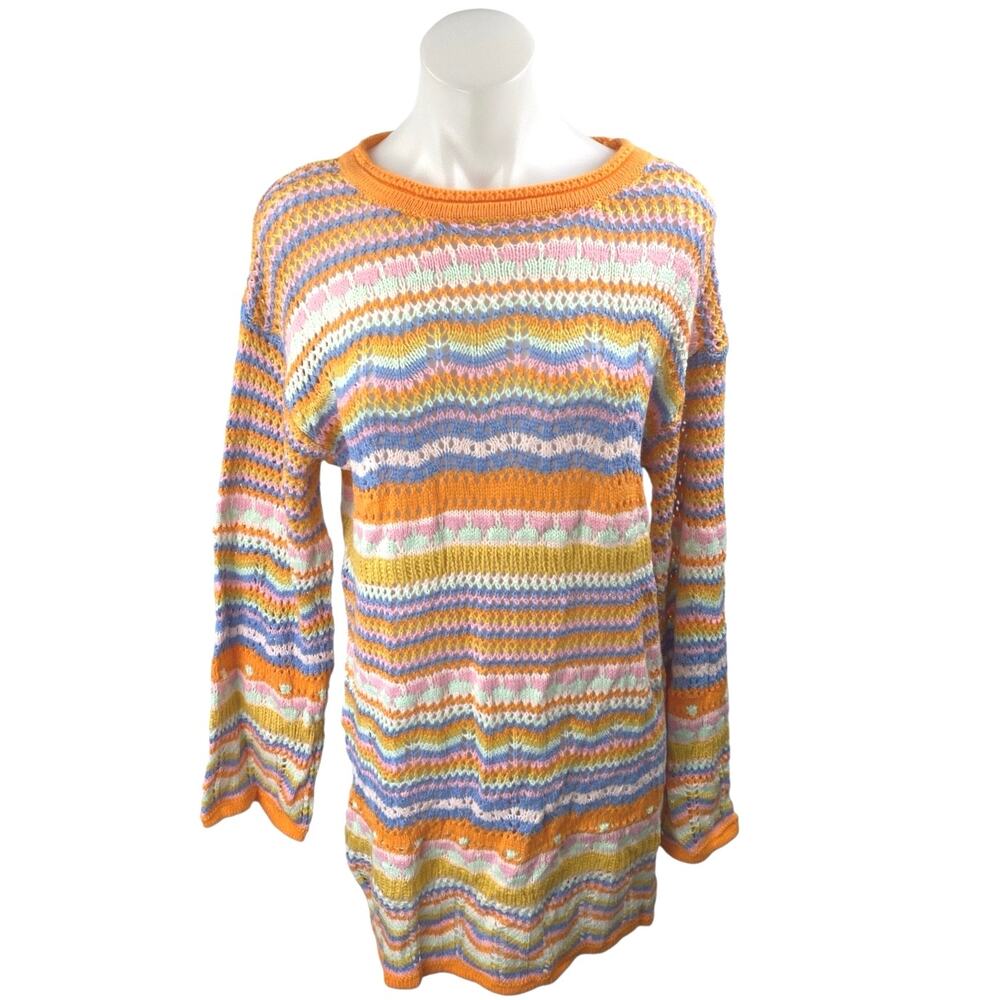 Women's Multicolor Striped Crochet Knit Long Sleeve Sweater Mini Dress Size L